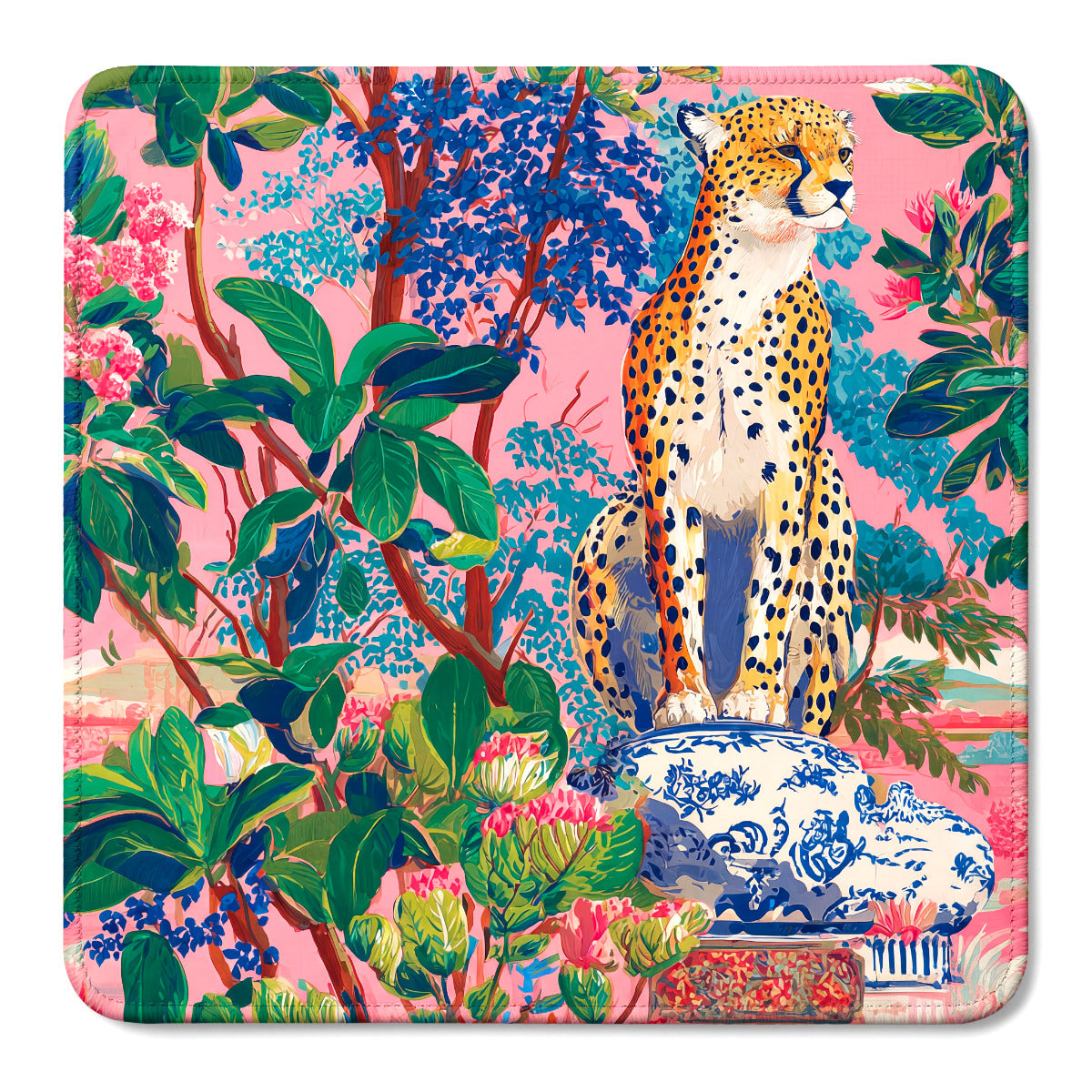Pink cheetah mahjong mat with a cheetah on a blue and white chinoiserie jar among tropical leaves and flowers
