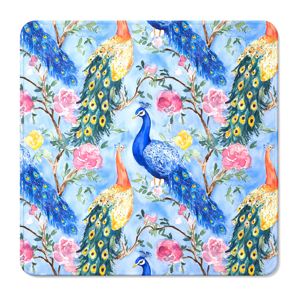 Blue peacock mahjong mat with watercolor peacocks, pink peonies and green leaves on a light blue background