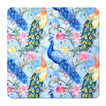 Blue peacock mahjong mat with watercolor peacocks, pink peonies and green leaves on a light blue background