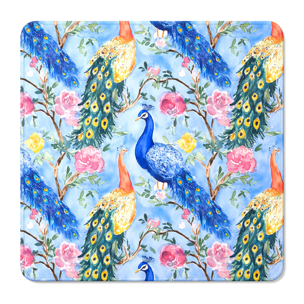 Blue peacock mahjong mat with watercolor peacocks, pink peonies and green leaves on a light blue background