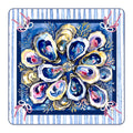 Coastal oyster shell mahjong mat with navy, blue and pink watercolor oysters and a striped border