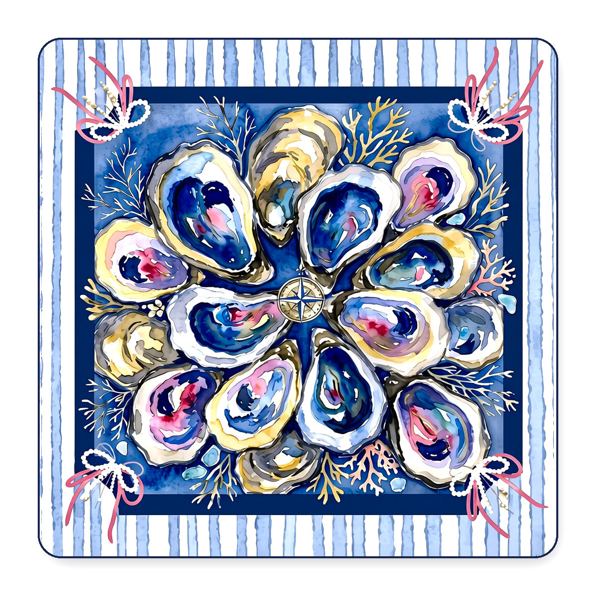 Coastal oyster shell mahjong mat with navy, blue and pink watercolor oysters and a striped border