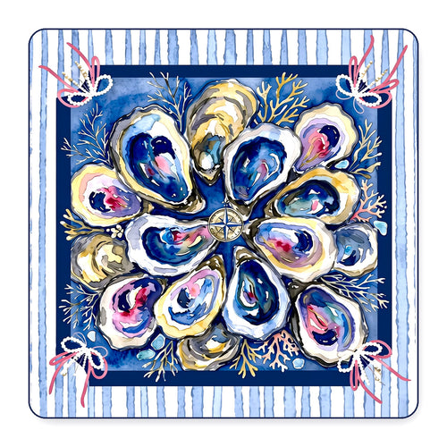 Coastal oyster shell mahjong mat with navy, blue and pink watercolor oysters and a striped border