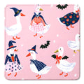Pink Halloween mahjong mat with white geese in witch hats and costumes, black bats and stars