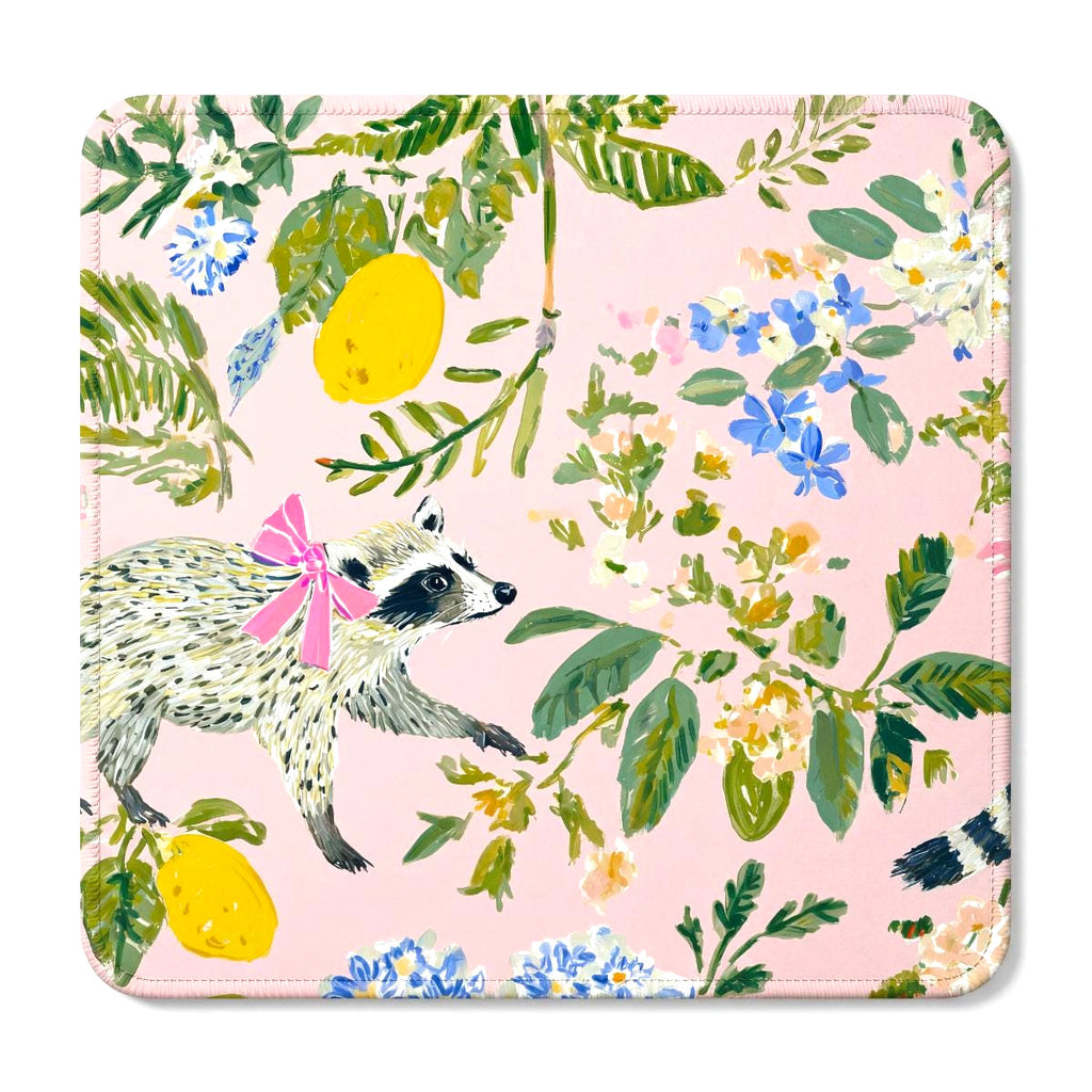 Pink raccoon mahjong mat with a raccoon in a pink bow, lemons, green leaves and blue flowers