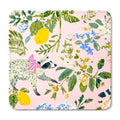 Pink raccoon mahjong mat with a raccoon in a pink bow, lemons, green leaves and blue flowers