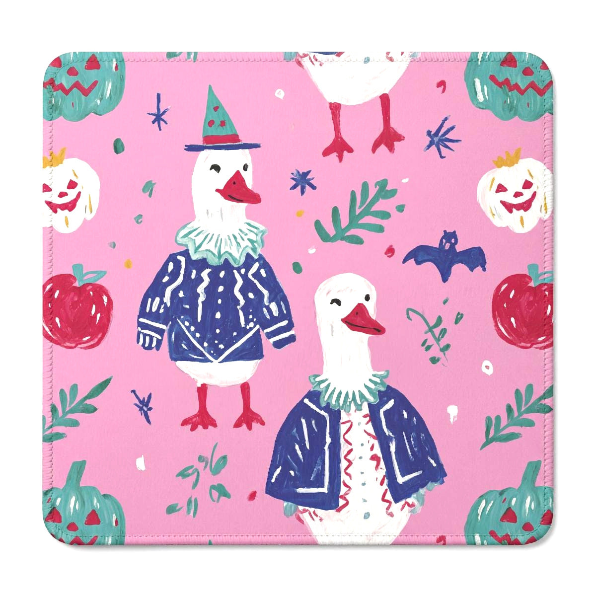 Pink Halloween mahjong mat with geese in blue outfits, pumpkins, leaves and bats