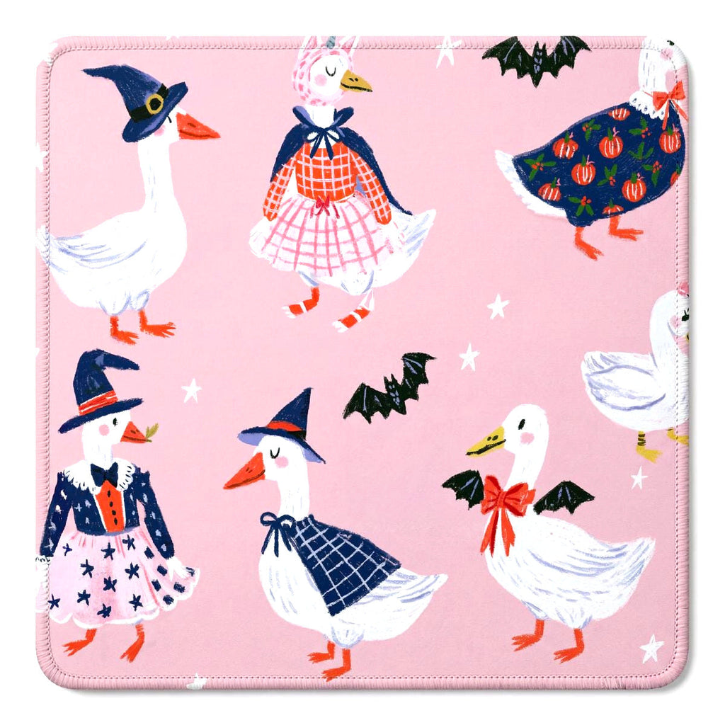 Pink Witch Goose Halloween mahjong mat with geese in witch hats and capes and bats on pink